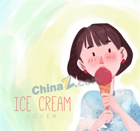 彩绘夏季吃冰淇淋的女子矢量